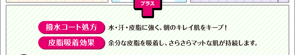 プラス 撥水コート処方 水・汗・皮脂に強く、朝のキレイ肌をキープ！ 皮脂吸着効果 余分な皮脂を吸着し、 さらさらマットな肌が持続します。