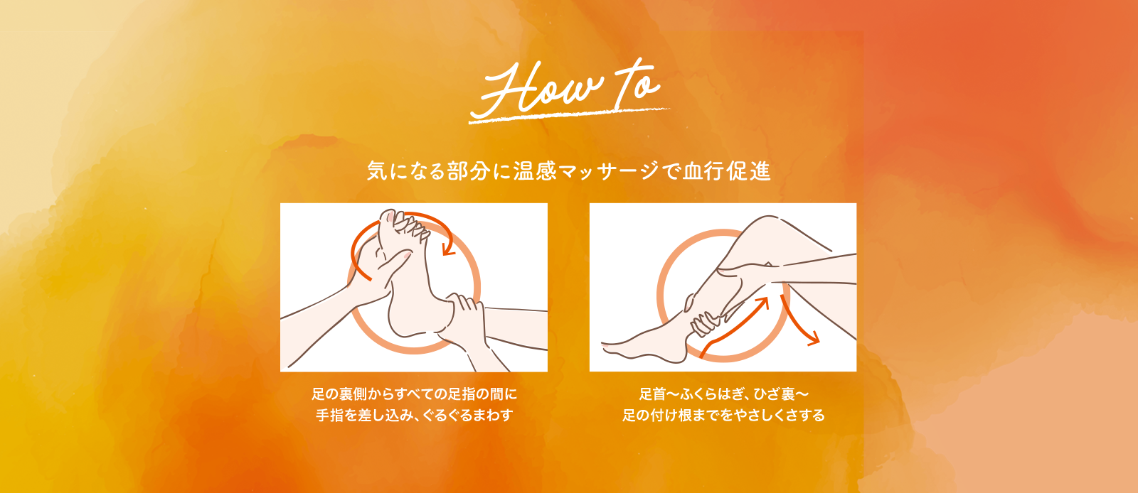 How to ①足の裏側からすべての足指の間に手指を差し込み、ぐるぐるまわす ②足首～ふくらはぎ、ひざ裏～足の付け根までをやさしくさする
