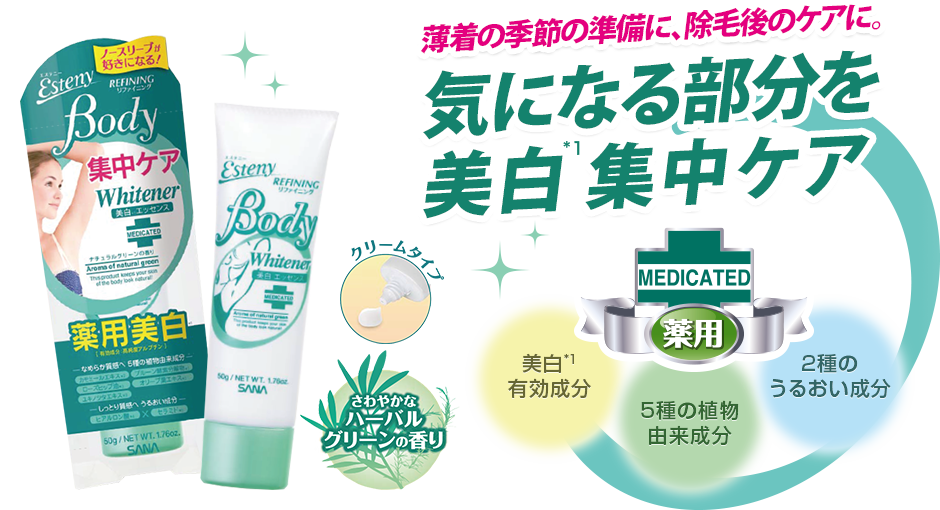 エステニー 薬用ボディホワイトナー｜なめらか本舗・毛穴パテ職人などの化粧品ブランドSANA（サナ）｜常盤薬品工業