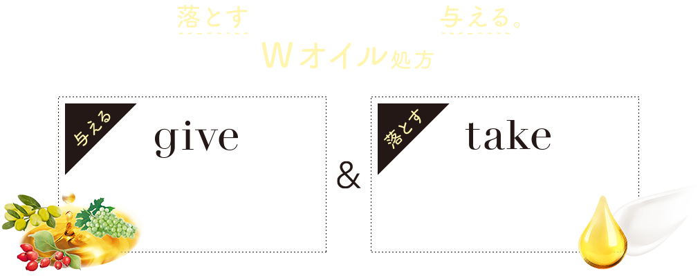 落とす分だけ、きちんと与える。Wオイル処方　与えるgive 天然美容オイル※1配合 植物由来の美容オイルを贅沢に配合! & 落とすtake じゅわ落ちオイル※2配合 クリームがお肌の上でとろけてオイル状に。