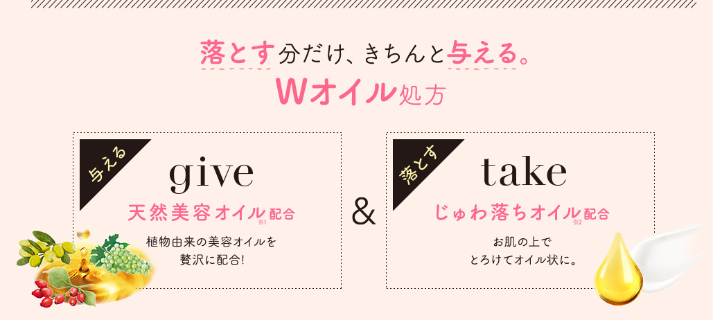 落とす分だけ、きちんと与える。Wオイル処方　与えるgive 天然美容オイル※1配合 植物由来の美容オイルを贅沢に配合! & 落とすtake じゅわ落ちオイル※2配合 クリームがお肌の上でとろけてオイル状に。