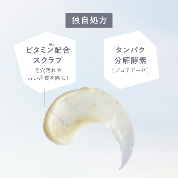 独自処方 ビタミン※2 配合スクラブが毛穴汚れや古い角質を除去。タンパク分解酵素（プロテアーゼ）