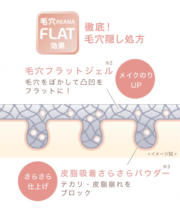 毛穴FLAT効果　徹底！ 毛穴隠し処方　毛穴フラットジェル（※2）　毛穴をぼかして凹凸をフラットに！ メイクのりアップ　皮脂吸着サラサラパウダー　テカリ・皮脂崩れをブロック　さらさら仕上げ