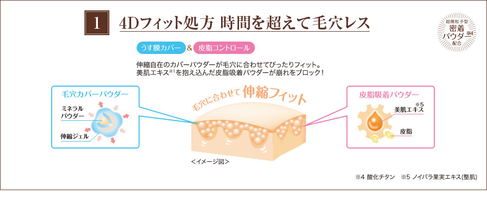 4Dフィット処方 時間を超えて毛穴レス　超微粒子型密着パウダー※4配合　うす膜カバー＆皮脂コントロール　伸縮自在のカバーパウダーが毛穴に合わせてぴったりフィット。　美肌エキス※1を抱え込んだ皮脂吸着パウダーが崩れをブロック！　毛穴パウダー　ミネラルパウダー　伸縮ジェル　毛穴に合わせて伸縮フィット　皮脂吸着パウダー　美肌エキス※5 皮脂　※4 酸化チタン　※5 ノイバラ果実エキス(整肌)