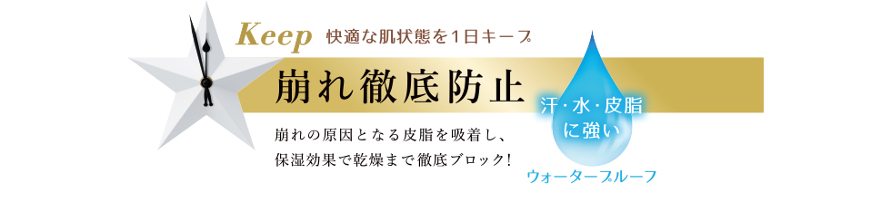 Keep 快適な肌状態を1日キープ 崩れ徹底防止 崩れの原因となる皮脂を吸着し、保湿効果で乾燥まで徹底ブロック！ 汗・水・皮脂に強いウォータープルーフ