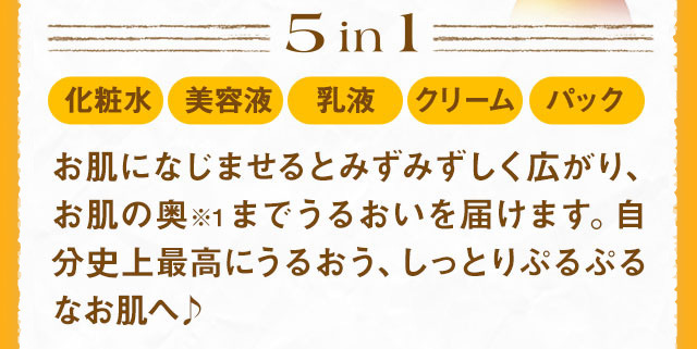 5in1化粧水美容液乳液クリームパックお肌になじませるとみずみずしく広がり、お肌の奥　までうるおいを届けます。自分史上最高にうるおう、しっとりぷるぷるなお肌へ♪