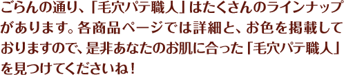 ごらんの通り、「毛穴パテ職人」はたくさんのラインナップがあります。各商品ページでは詳細と、お色を掲載しておりますので、是非あなたのお肌に合った「毛穴パテ職人」を見つけてくださいね！