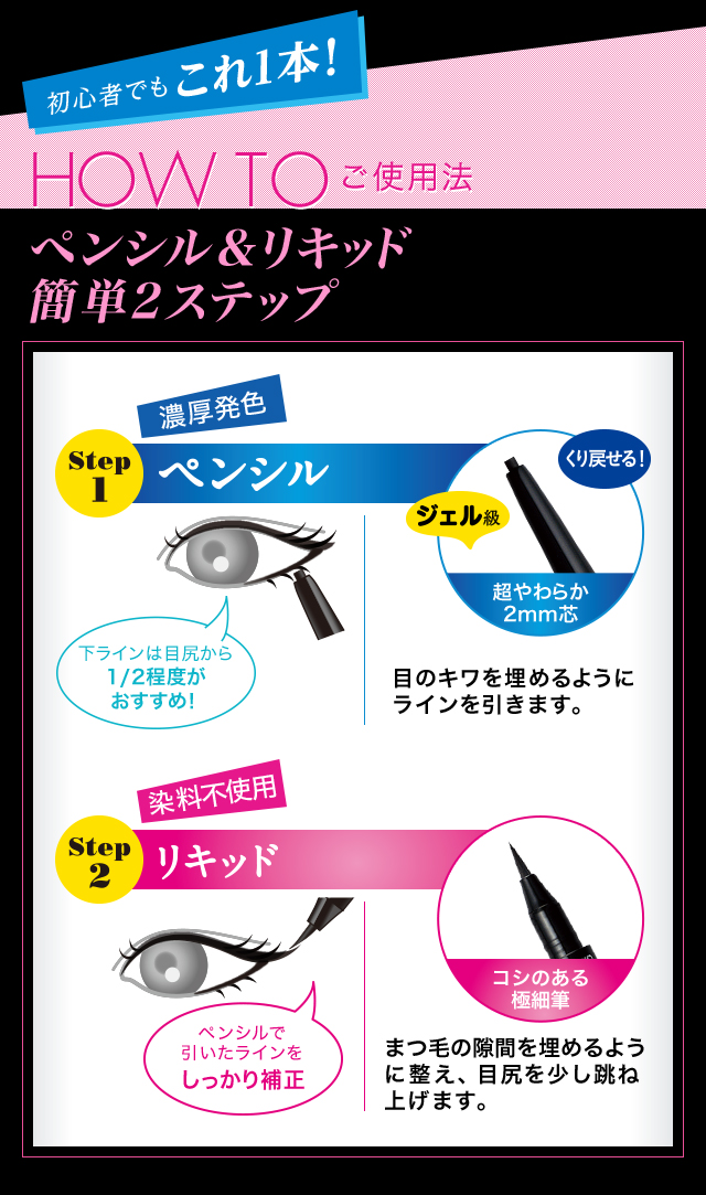 初心者でもこれ1本! HOW TOご使用法 ペンシル＆リキッド簡単2ステップ Step1ペンシル「濃厚発色」 Step2リキッド「塗料不使用」