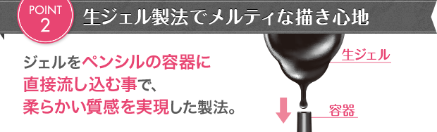 POINT2生ジェル製法でメルティな描き心地 ジェルをペンシルの容器に直接流し込む事で、柔らかい質感を実現した製法。
