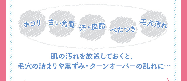 肌の汚れを放置しておくと、毛穴の詰まりや黒ずみ・ターンオーバーの乱れに…