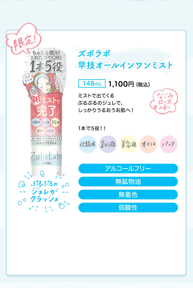 ズボラボ 早技オールインワンミスト 148ml 1,100円（税込）　ミストで出てくるぷるぷるのジュレで、 しっかりうるおうお肌へ！