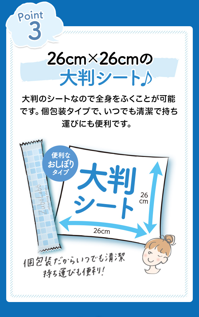 Point3 26cm×26cmの 大判シート♪ 大判のシートなので全身をふくことが可能です。個包装タイプで、いつでも清潔で持ち運びにも便利です。 個包装だからいつでも清潔 持ち運びも便利!