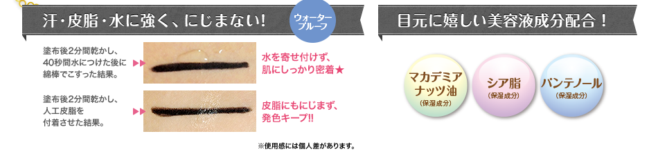 汗・皮脂・水に強く、にじまない！【ウォータープルーフ】 目元に嬉しい美容液成分配合！