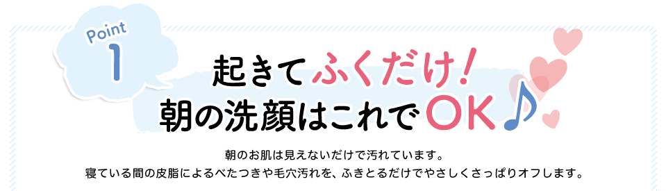 Point1　起きてふくだけ　朝の洗顔はこれでOK　朝のお肌は見えないだけで汚れています。寝ている間の皮脂によるべたつきや毛穴汚れを、ふきとるだけでやさしくさっぱりオフします。