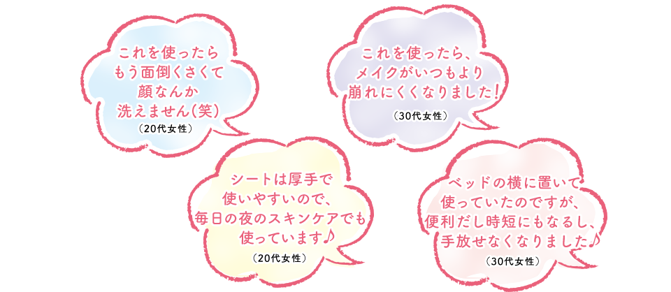 これを使ったらもう面倒くさくて顔なんか洗えません(笑)（20代女性）　これを使ったら、メイクがいつもより崩れにくくなりました（30代女性）　シートは厚手で使いやすいので、毎日の夜のスキンケアでも使っています（20代女性）　ベッドの横に置いて使っていたのですが、便利だし時短にもなるし、手放せなくなりました（30代女性）