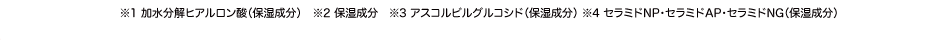 ※1 加水分解ヒアルロン酸（保湿成分）　※2 保湿成分　※3 アスコルビルグルコシド（保湿成分） ※4 セラミドNP・セラミド