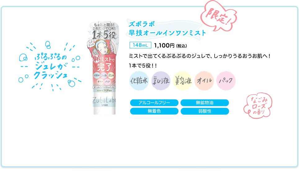 ズボラボ 早技オールインワンミスト 148ml 1,100円（税込）　ミストで出てくるぷるぷるのジュレで、 しっかりうるおうお肌へ！